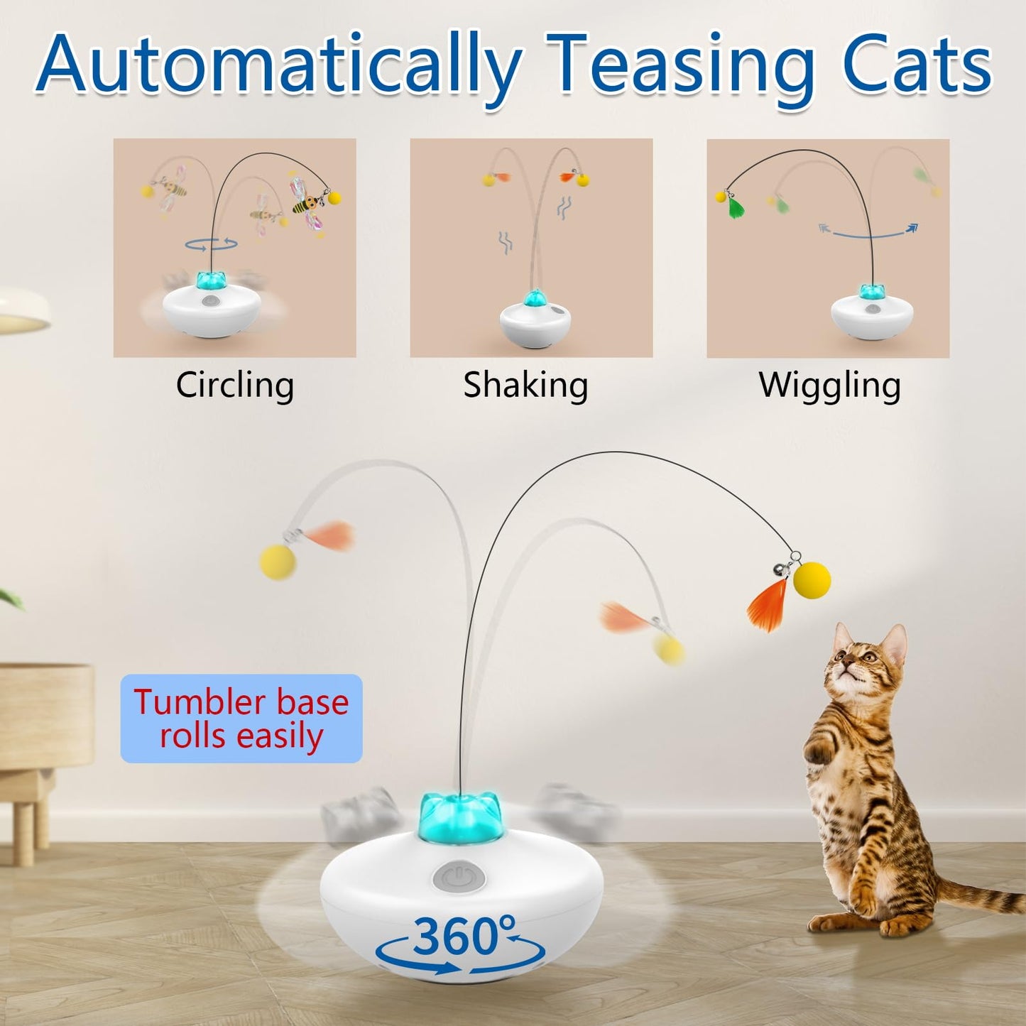 Oxawo Interactive Rechargeable Cat Toy – Tumbler with Spinning Butterfly & Extra-Long Feather Wand for Indoor Kitty Exercise (P33)