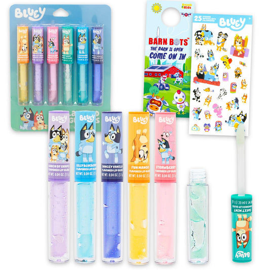 Bluey Lip Gloss Bundle for Girls - 6 Pack of Glosses for Lips in Assorted Flavors Plus Stickers, More | Bluey Party Favors for Kids