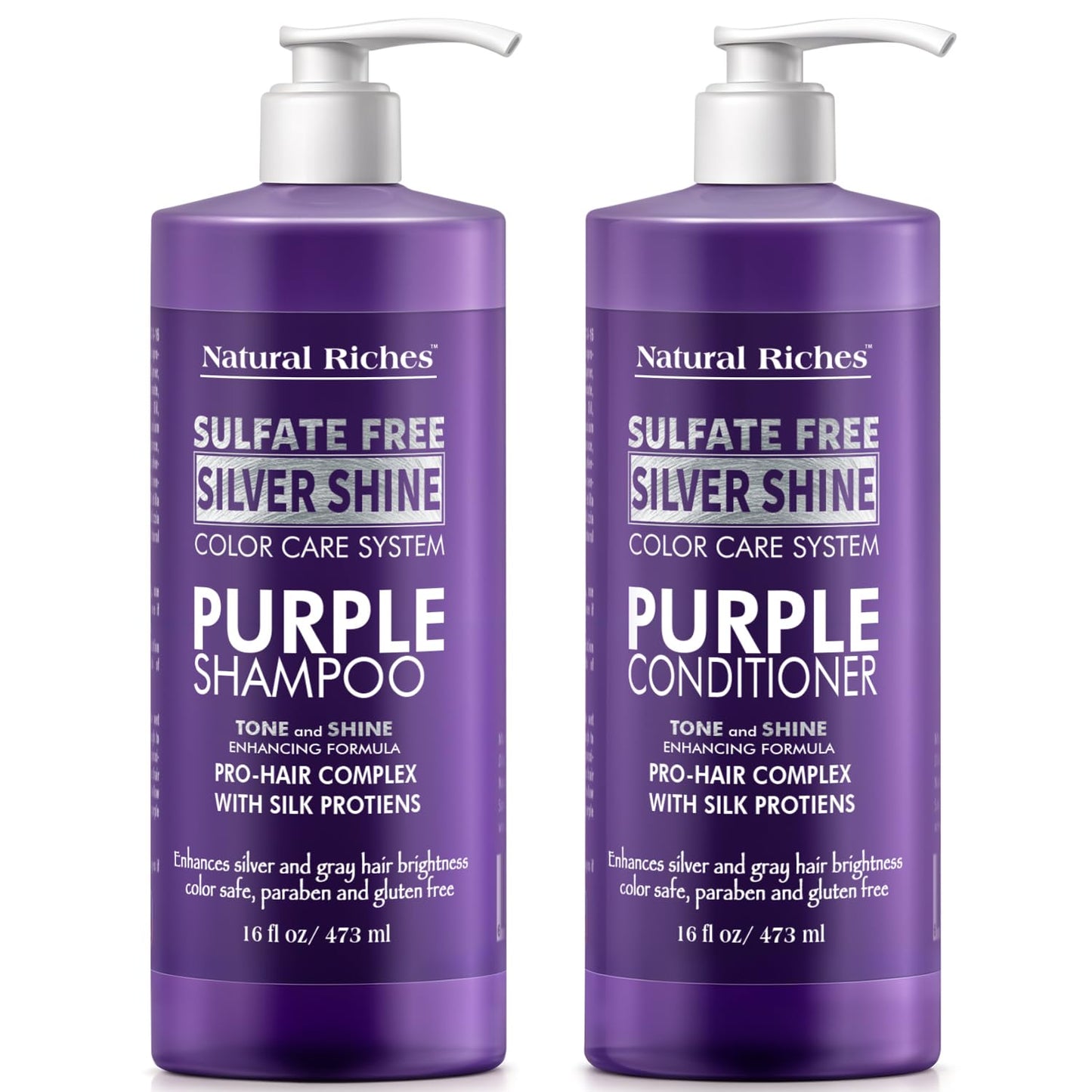 Natural Riches Radiant Silver Shine Purple Shampoo and Conditioner Set for Gray Hair - Paraben-Free and Color Safe - With Silk Proteins, Tones Dull