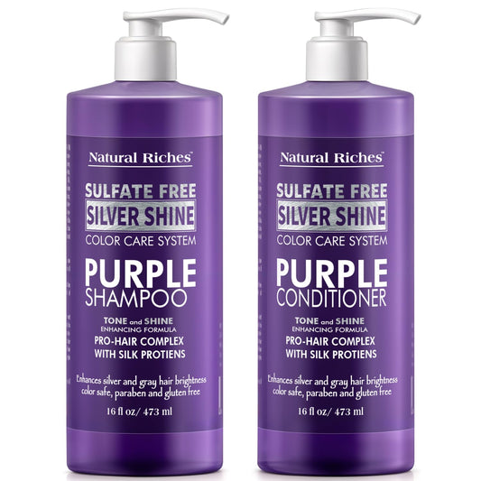 Natural Riches Radiant Silver Shine Purple Shampoo and Conditioner Set for Gray Hair - Paraben-Free and Color Safe - With Silk Proteins, Tones Dull