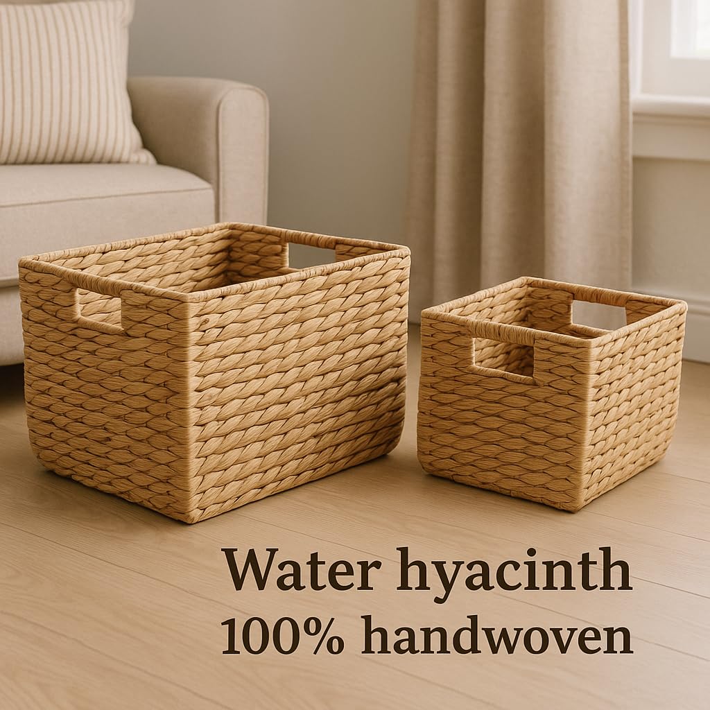 14" and 11" Handwoven Water Hyacinth Storage Baskets with Handles, Set of 2 - Natural Square Woven Organizer Bins for Shelves, Closet, or Living Room…