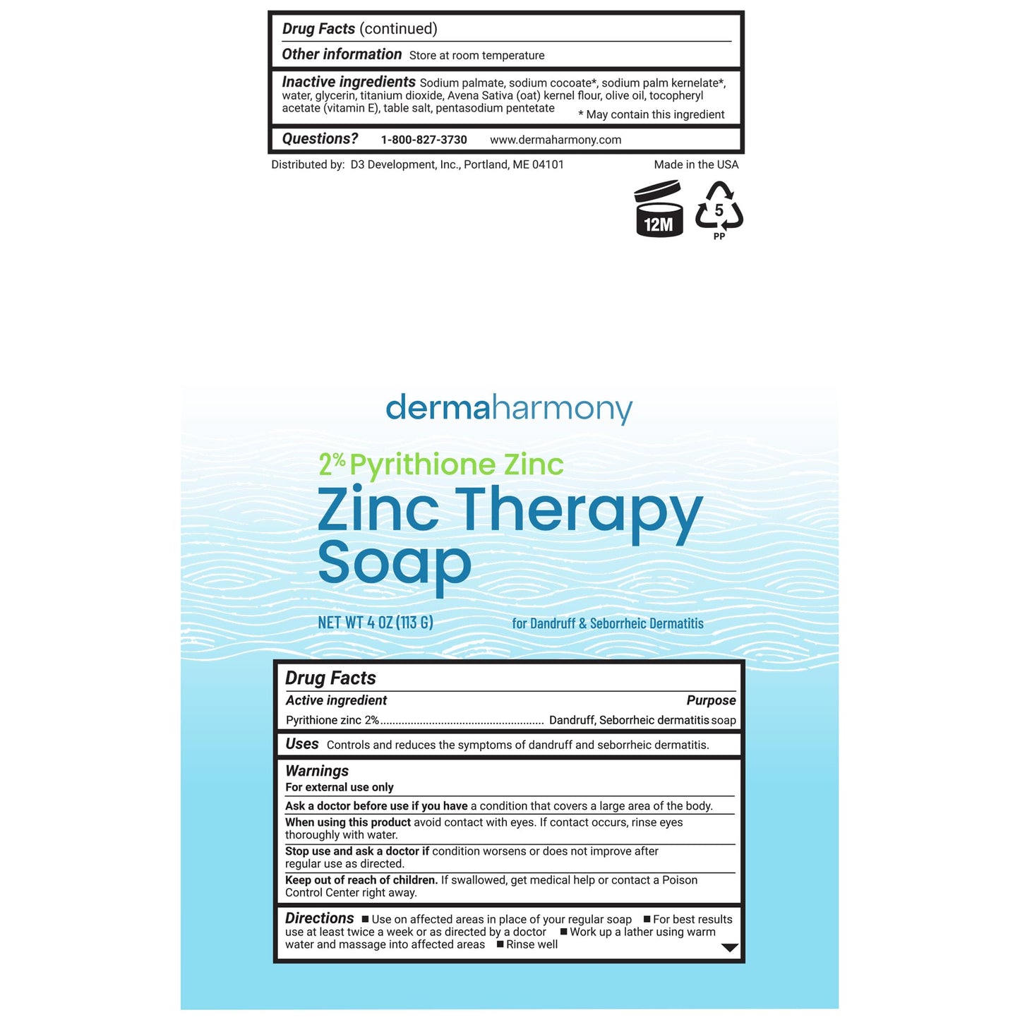 Dermaharmony Pyrithione Zinc (ZnP) Therapy Soap 4 oz Bars - 3 Pack - for Seborrhea and Dandruff