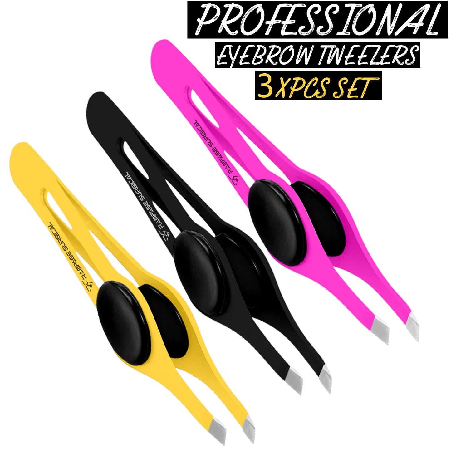 Professional Eyebrow Tweezers Slanted Tip Stainless Steel 2,3xPcs Set, Non-Slip Grip Slant Tip Tweezers for Facial Hair, Plucking Removing Ingrown