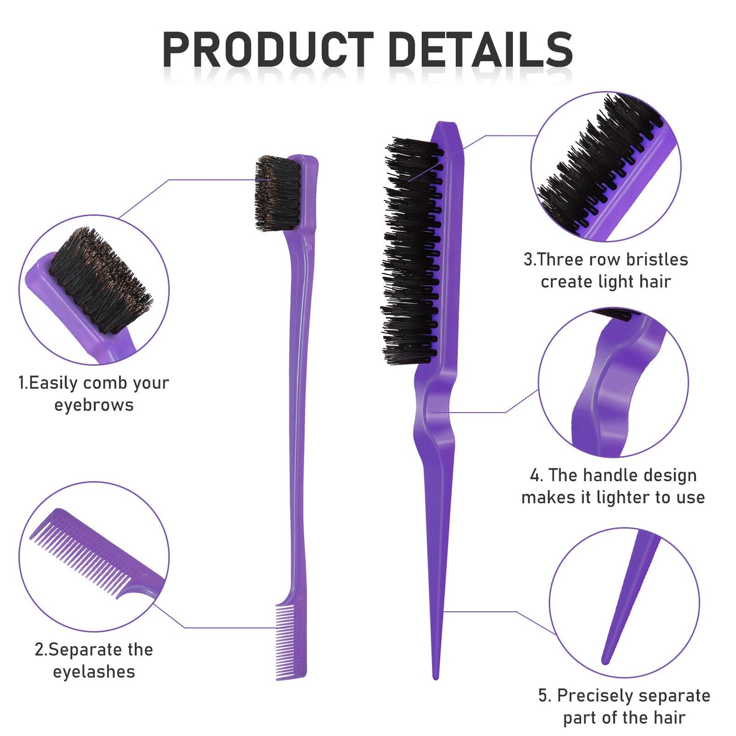 12 Piece Nylon Brushes Set for Grooming - Salon Teasing Brush, Double-Sided Edge Brush, Smooth Comb, Rat Tail Combs with Duckbill Clips for Women