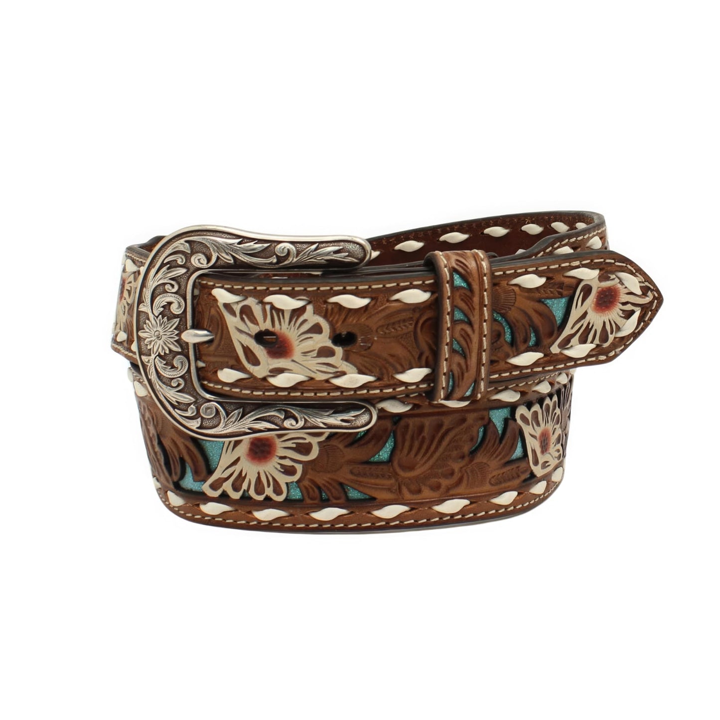 ARIAT Women's White Floral Overlay Turquoise Underlay Belt, Brown, Large
