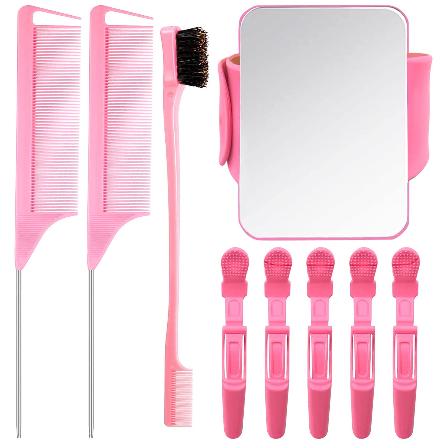 9 Pcs Hair Braiding Tools -2 Pieces Rat Tail Comb Parting Comb for Braiding 1Dual Edge Brush and Magnetic Wrist Sewing Pincushion Wristband Pin