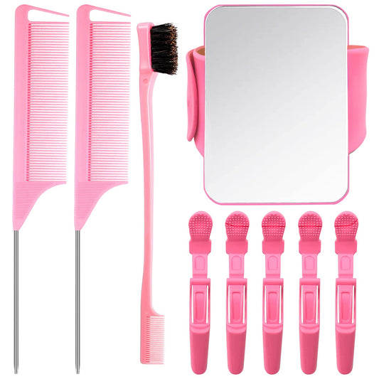9 Pcs Hair Braiding Tools -2 Pieces Rat Tail Comb Parting Comb for Braiding 1Dual Edge Brush and Magnetic Wrist Sewing Pincushion Wristband Pin
