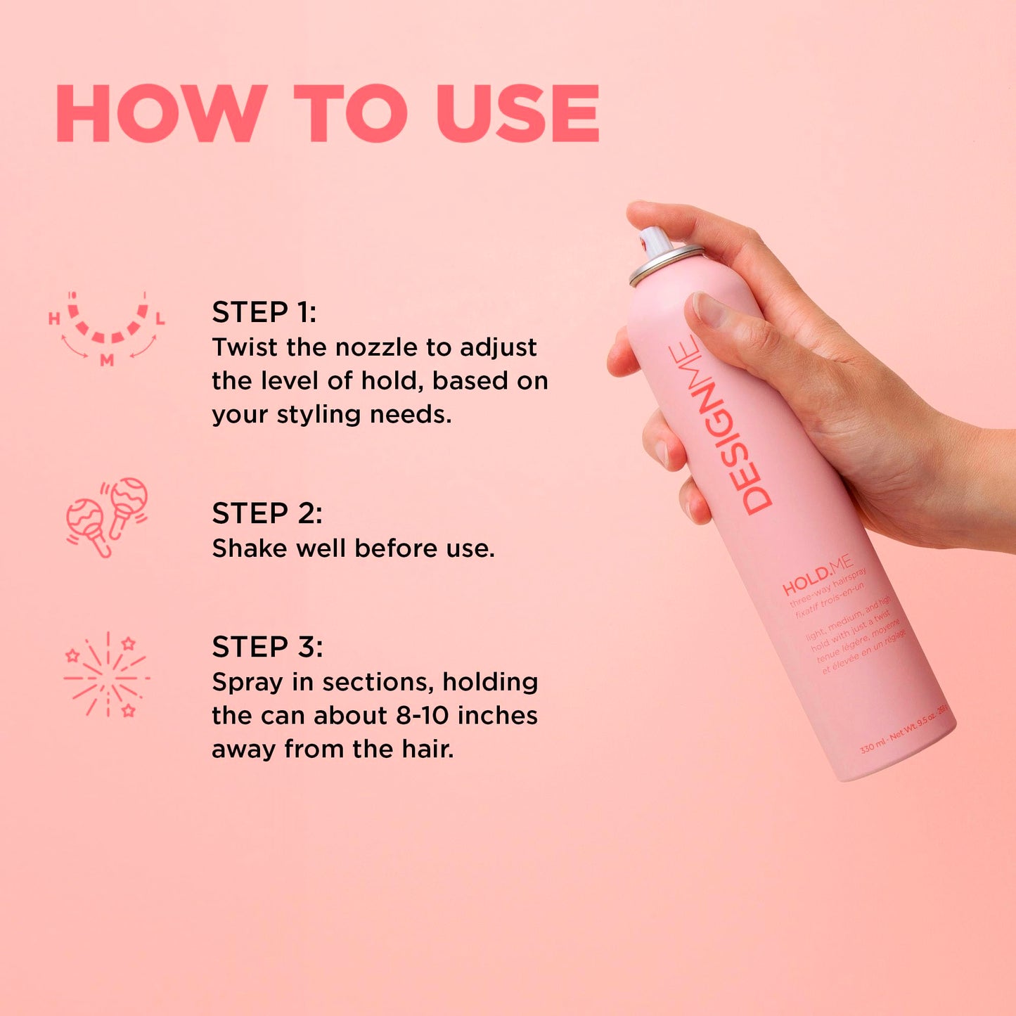 HOLD.ME Three-Way Hairspray by DESIGNME | Hairspray with Light, Medium, & High Hold Options | Extra Hold Hair Spray with Thermal Protectors & Vitamin