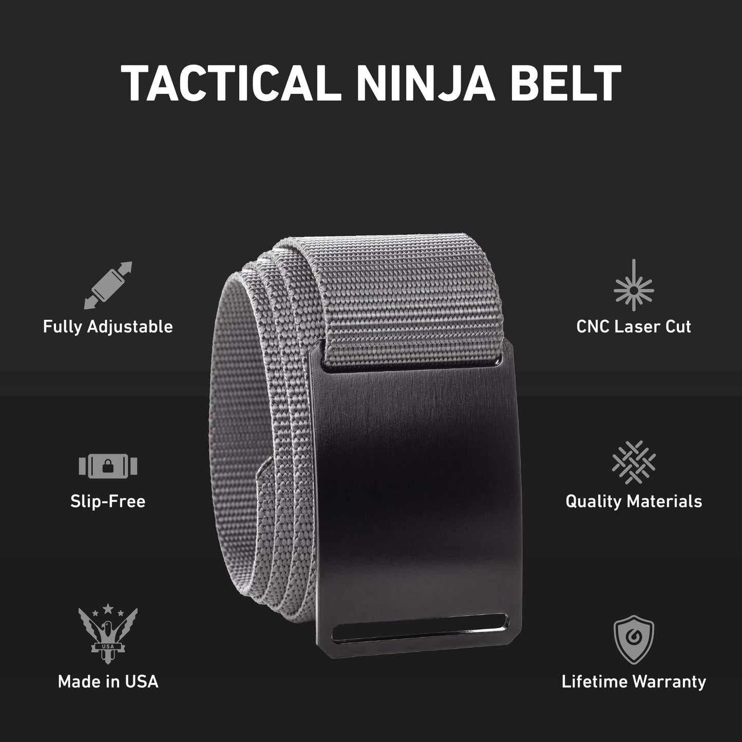GRIP6 Tactical Belt - No Hole, Nylon Belts for Men and Women - Made in the USA (Ninja)