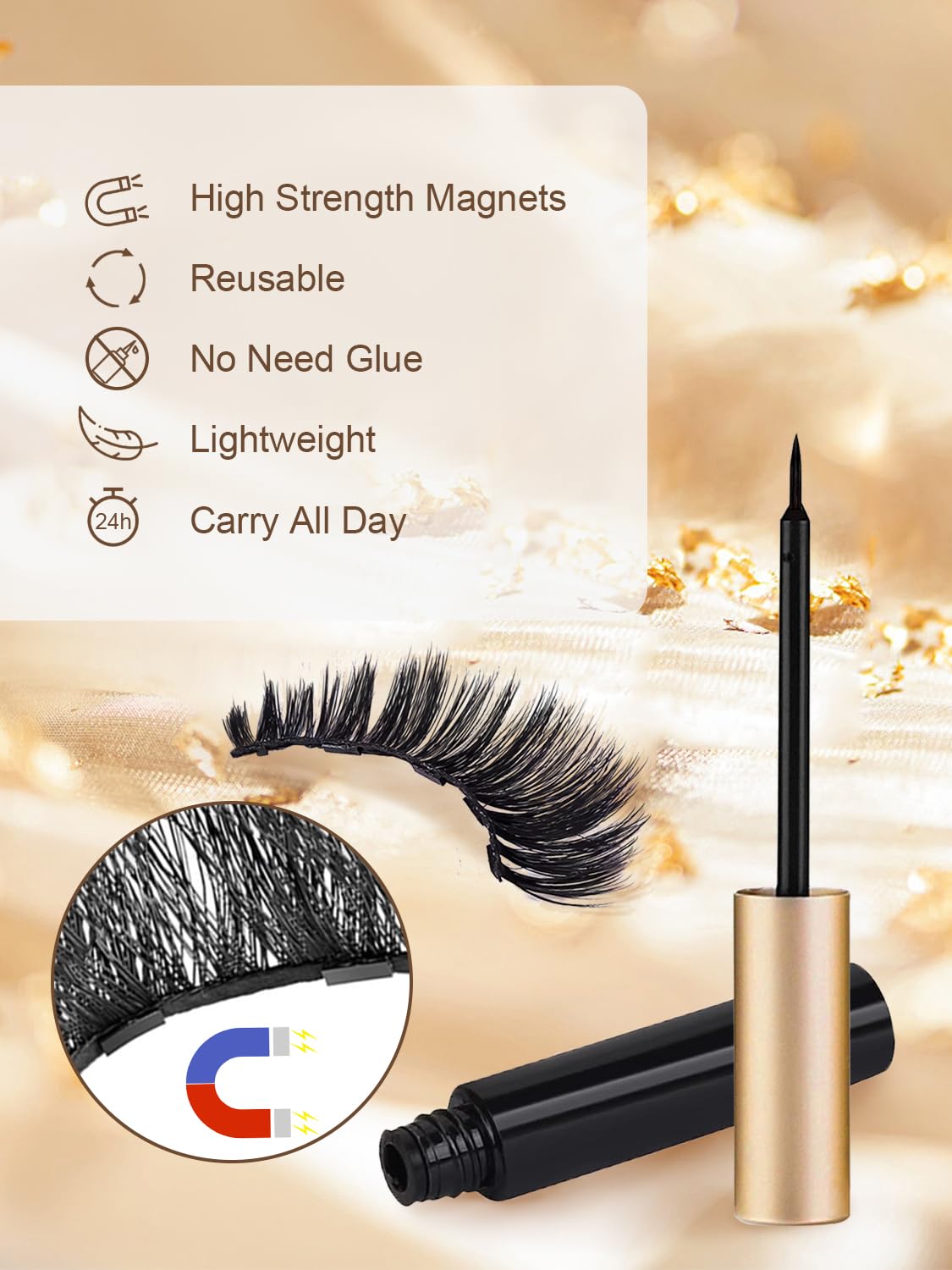Sikkis Magnetic Eyelashes with Eyeliner - Magnetic Eyeliner and Lashes Kit, 5D Faux Mink Lashes,Eyelashes Long Reusable False Lashes (3 Pairs)