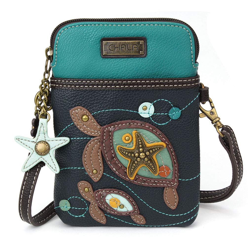 CHALA Ocean Collection Cell Phone Crossbody Purse-Women PU Leather/Canvas Multicolor Handbag with Adjustable Strap - Two Turtles - navy