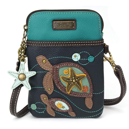 CHALA Ocean Collection Cell Phone Crossbody Purse-Women PU Leather/Canvas Multicolor Handbag with Adjustable Strap - Two Turtles - navy Fashion CHALA