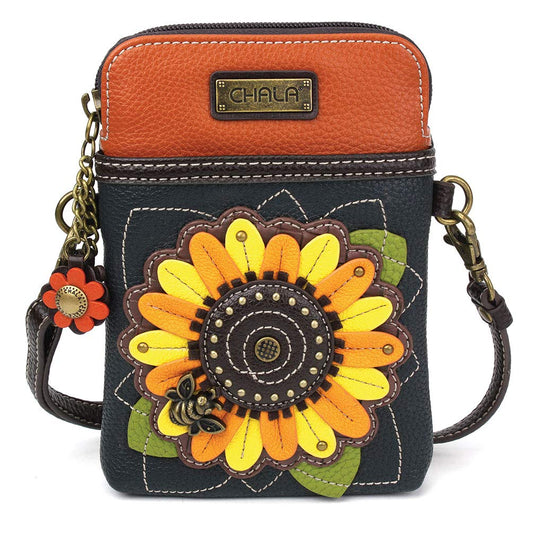 CHALA Plant Life Collection Cell Phone Crossbody Purse-Women PU Leather/Canvas Multicolor Handbag with Adjustable Strap - Sunflower - navy