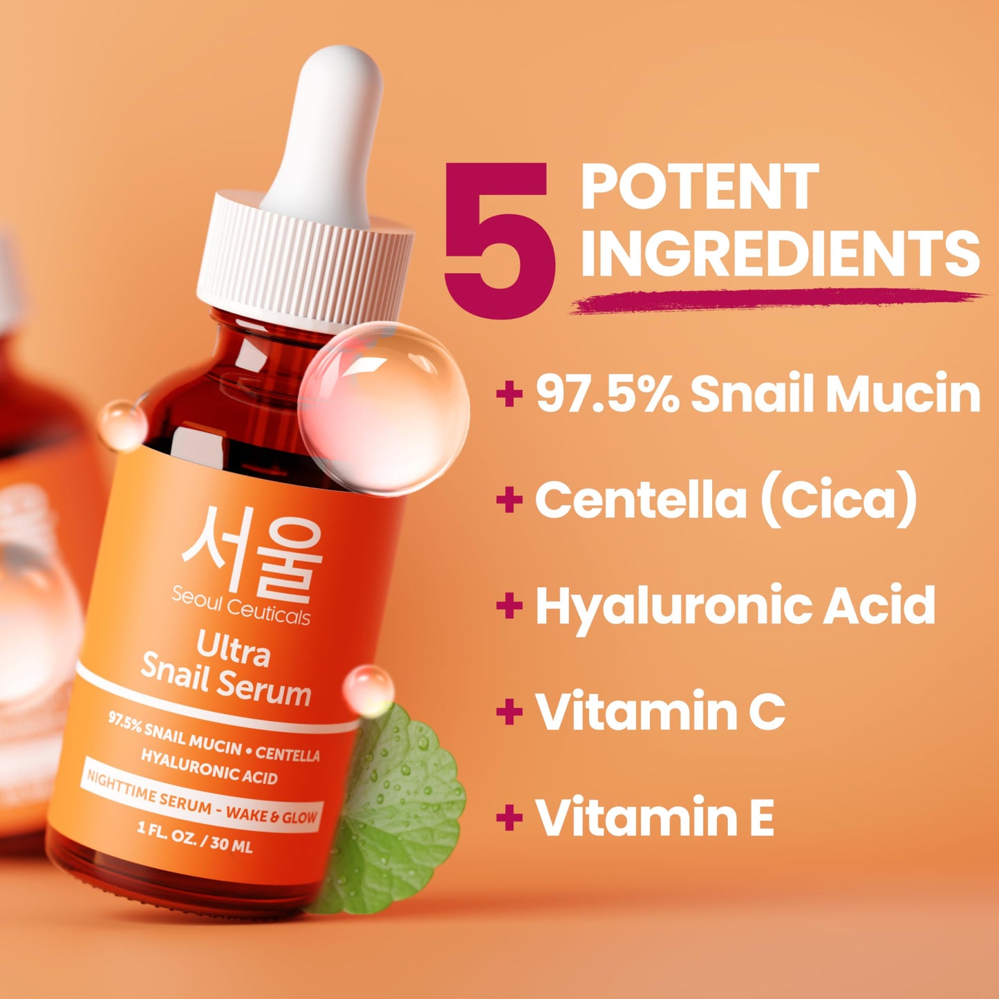 SeoulCeuticals Korean Skin Care 97.5% Snail Mucin Serum - K Beauty Skincare Anti Wrinkle Cica Night Serum Hyaluronic Acid for Face 1oz