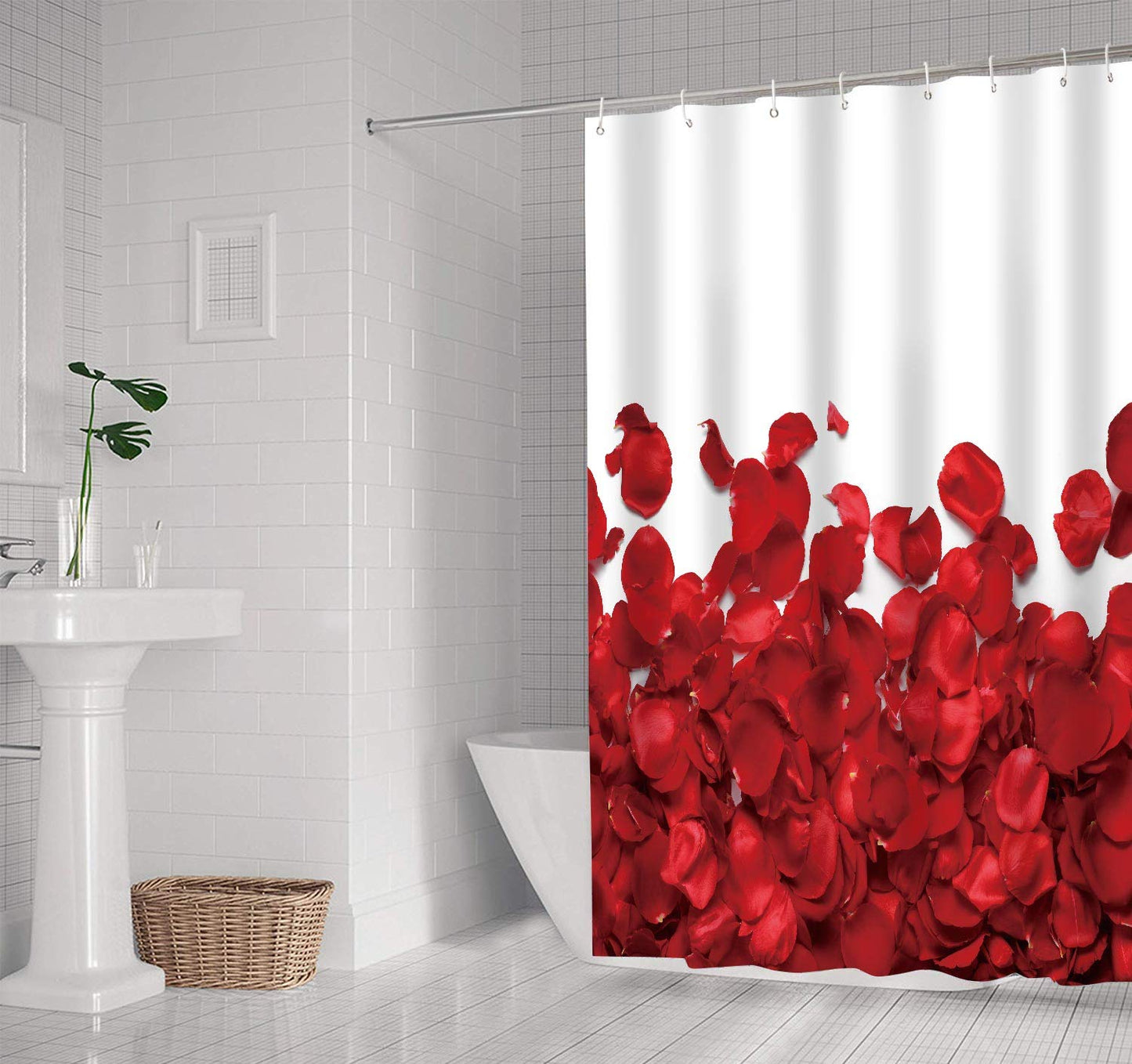 NTETSN Rose Decor Shower Curtain,Romantic Petals Waterproof Polyester Shower Curtains for Bathroom Accessories, 72 x 72 Inch,White,Red