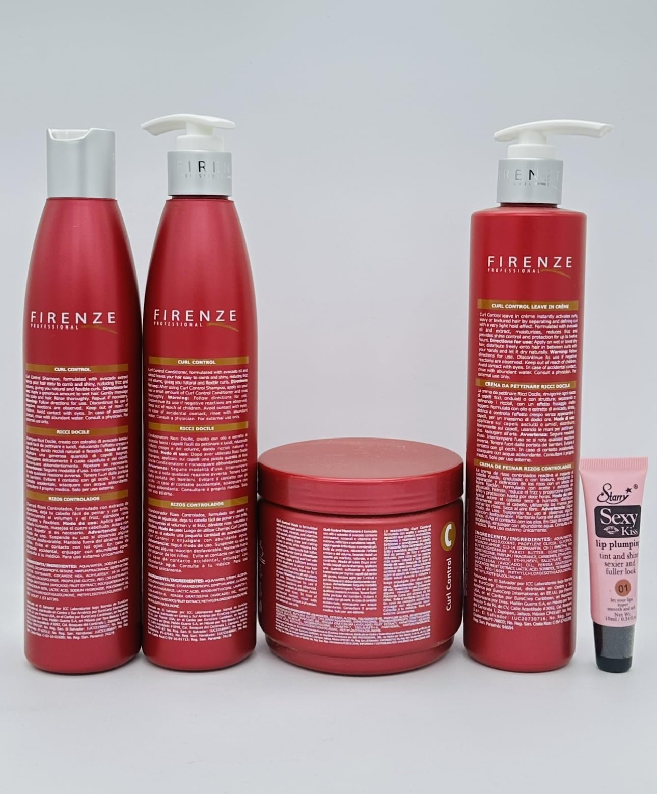 Firenze Professional Curl Control Shampoo 10.1 oz, Conditioner 10.1 oz, Leave-in Cream 10.1 & Mask Treatment13.5 oz- m- Free Starry Lip Plumping Gloss