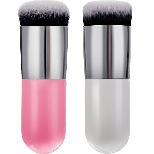 2 Pieces Foundation Brush Chubby Makeup Brush Kabuki Makeup Brush Travel Powder Brush for Blending Liquid, Cream or Powder Cosmetics (white and rose