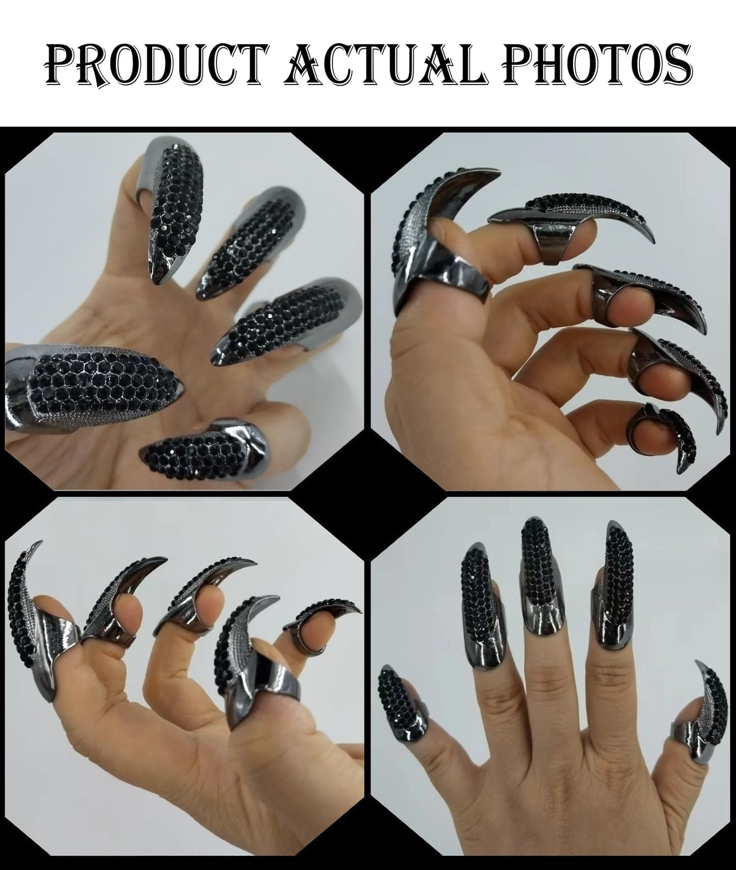 10 Pcs Halloween Costume Fake Finger Claws - Gothic Punk Cosplay Nail Rings - Sparkling Crystals Paved Party Accessories for Girls Women Men - Witch