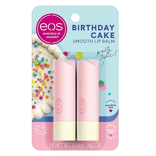 eos Natural Shea Lip Balm- Birthday Cake, eos lip balm, All-Day Moisture, Lip Care, Shea Butter, Moisturizing, Dry Lip Care, 0.14 oz, (Pack of 2)