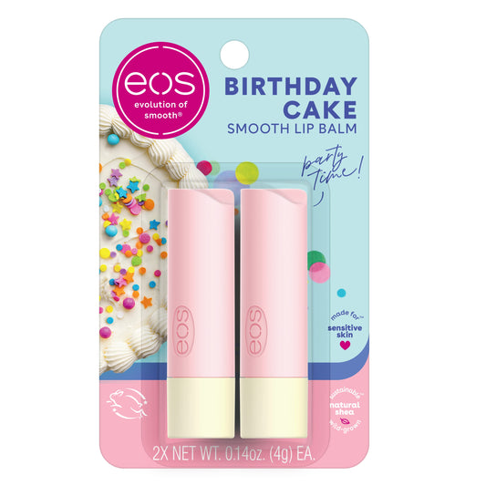 eos Natural Shea Lip Balm- Birthday Cake, eos lip balm, All-Day Moisture, Lip Care, Shea Butter, Moisturizing, Dry Lip Care, 0.14 oz, (Pack of 2)