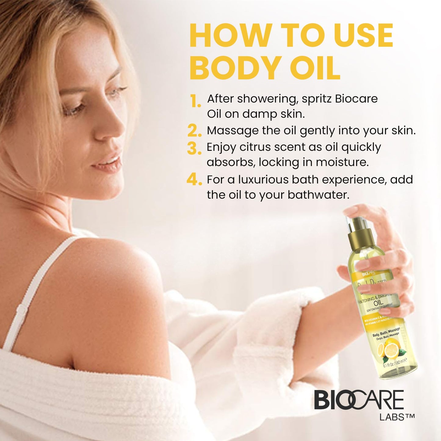 Biocare Skin Toning & Brightening Oil - Infused with Vitamin C, Rosehip Seed Oil, Vitamin E - Nourishing and Non-Greasy Body Oil for Hydrated