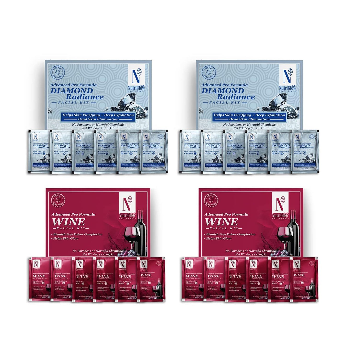 NutriGlow NATURAL'S Advanced Pro Formula Diamond Radiance Facial Kit & Wine Facial Kit For Acne & Spot Free Reduces Pigmentation & Removes Blackheads