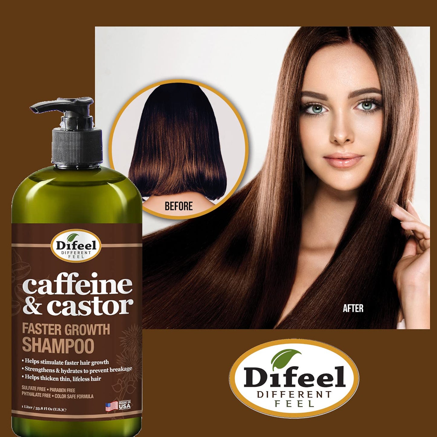 Difeel Caffeine & Castor Shampoo, Conditioner and Hair Growth Oil Set - with Shampoo, Conditioner, and Hair Oil