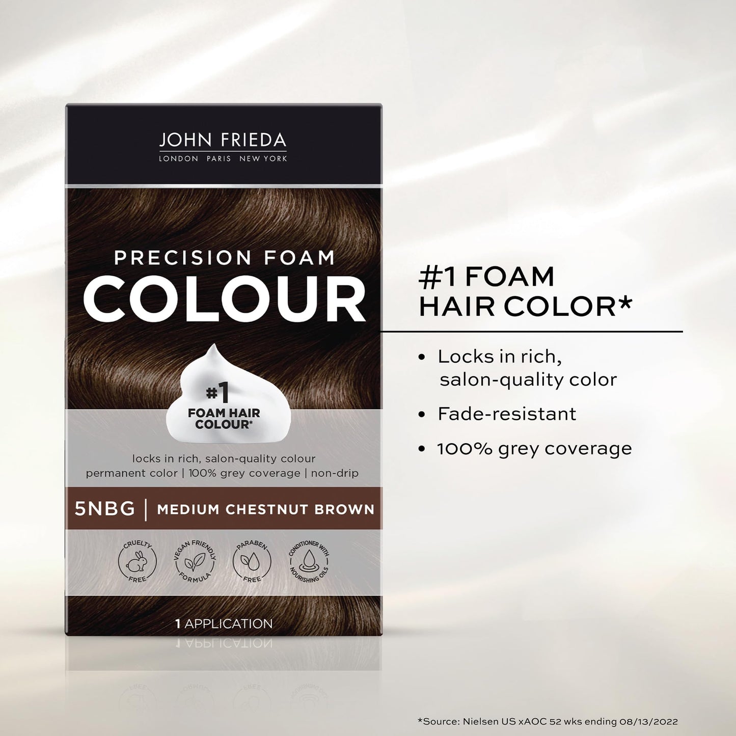John Frieda Precision Foam Colour, Medium Chestnut Brown 5NBG, Full-coverage Hair Color Kit, Anti-Fade Gray Coverage, Deep Color Saturation Hair Dye