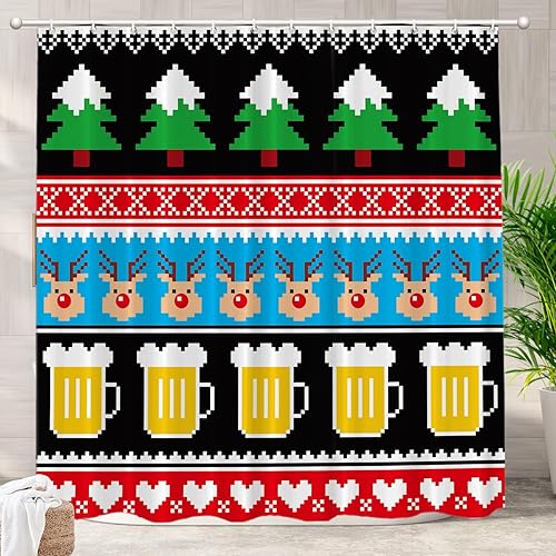 Batmerry Christmas Trees Beer Decorative Shower Curtain, Nordic Sweater Pattern, Cute Long Wide Shower Curtain for Bathroom Farmhouse Bathtub…