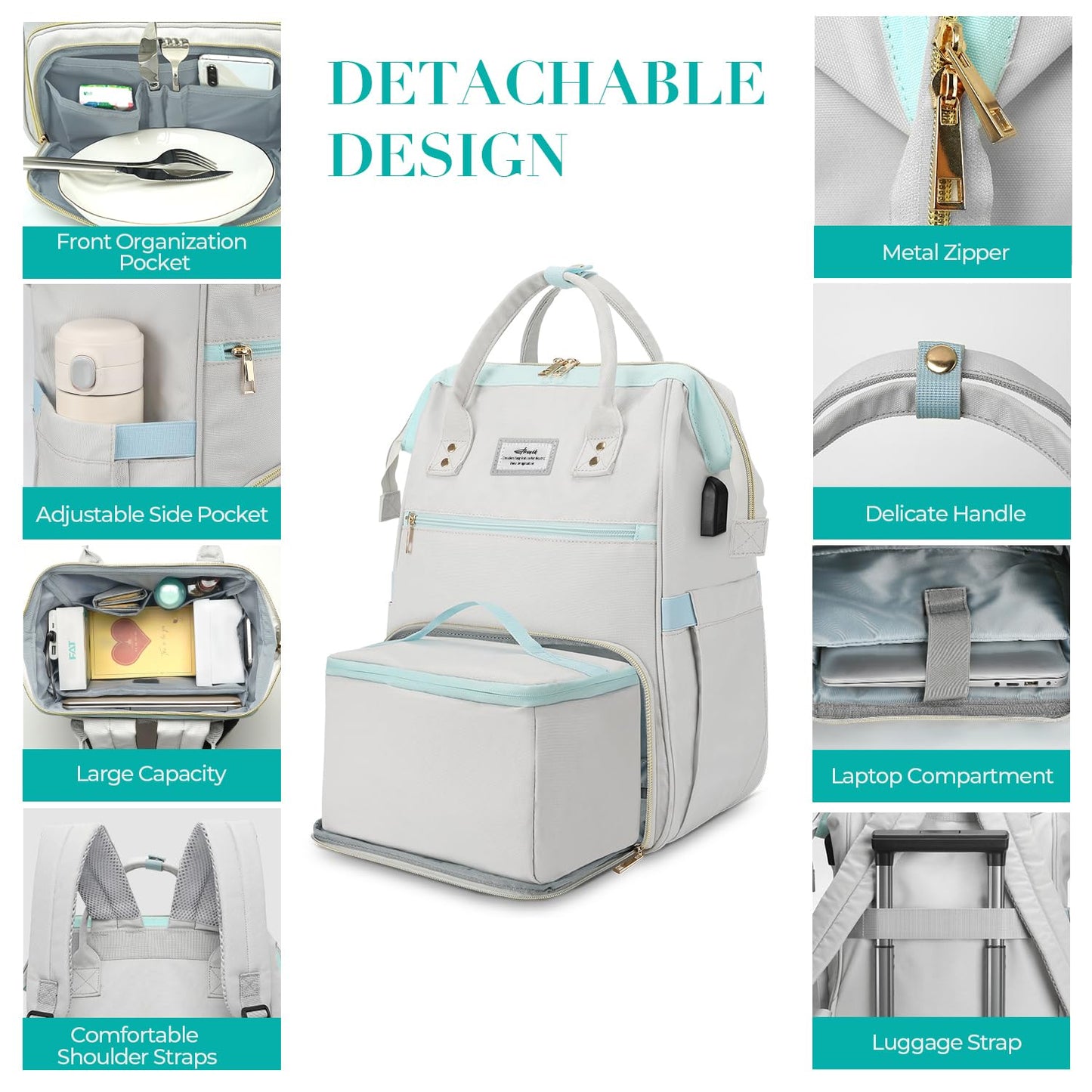 ETRONIK Lunch Backpack, 15.6 Inch Laptop Backpack with USB Port, Stylish Nurse, Teacher Work Bag with Insulated Cooler Lunch Box for Women Men, College Backpack for Travel, Grey Blue