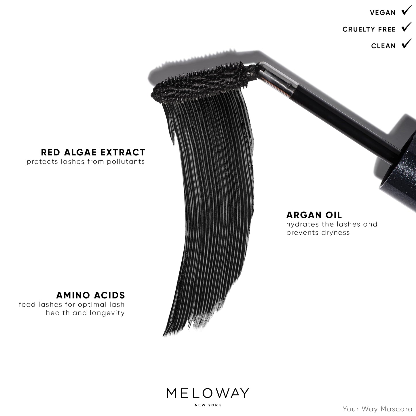 MELOWAY Your Way Mascara - Adjustable Wand, Lash-Conditioning Formula - Volumizing Lashes, Long-Lasting - Amino Acids, Argan Oil, Red Algae Extract