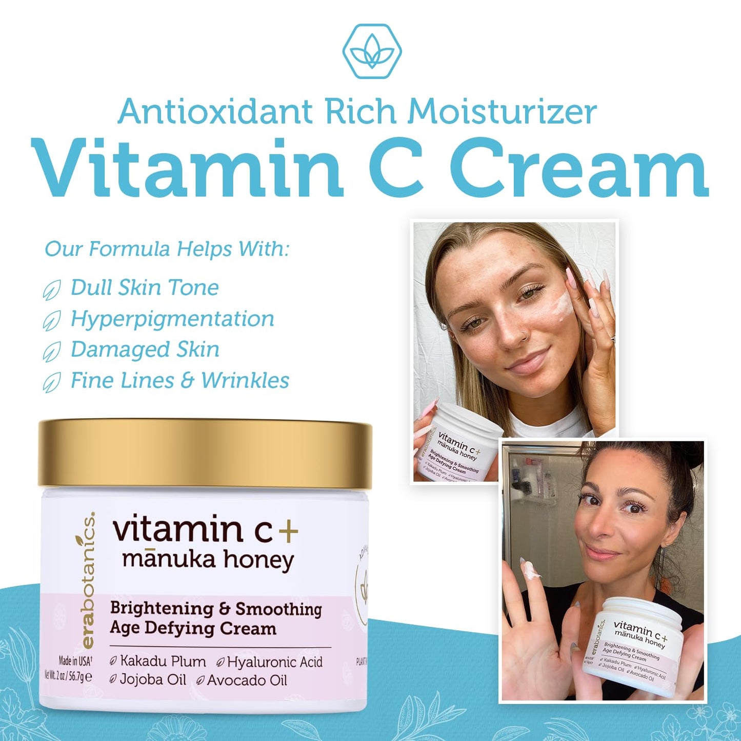 Era Organics Advanced Vitamin C Face Cream - Brightening and Nourishing with Jojoba Oil, Kakadu Plum for Fine Lines, Wrinkles