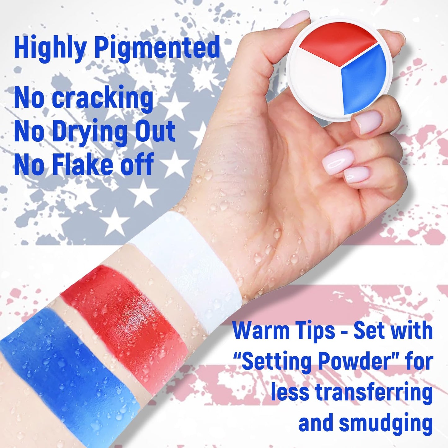 Red White Blue Face Body Paint - USA American Flag 3 Colors Makeup Face Painting Palette for America's Patriotic Events 4th of July, Independence Day