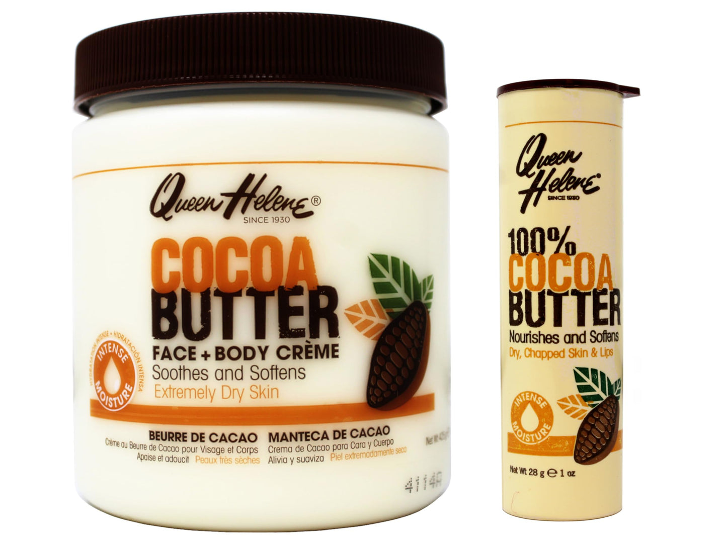 Queen Helene Cocoa Butter Moisturizing Kit, Face + Body Crème 15 oz and 100% Cocoa Butter Lip Balm 1 oz for Dry Skin and Lips