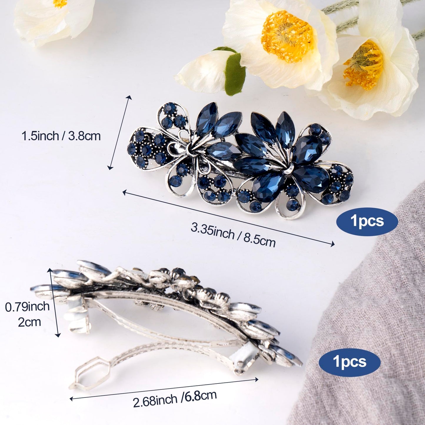 CustomyLife 2pcs 3.35inch Vintage Crystal Hair Barrettes, Sapphire Blue Bun Updo Hair Clips, Sparkly Rhinestone French Wedding Prom Formal Hair