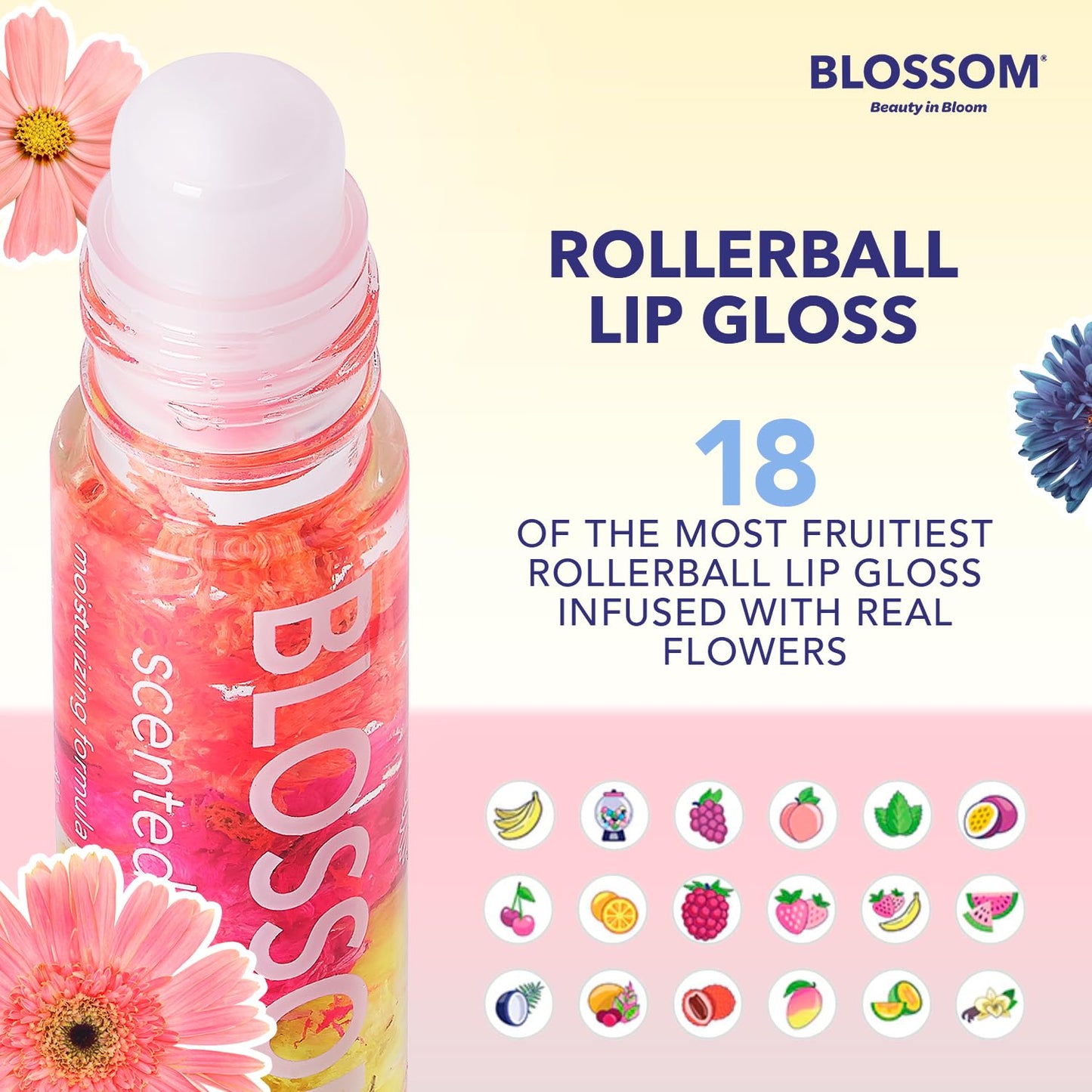 Blossom Roll on Lip Gloss, Scented Clear High Shine Moisturizing Lip Oil, Non Sticky, Infused with Real Flowers, Made in USA, 0.3 fl. oz./9ml, 3 pack