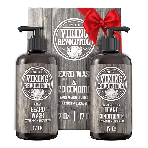 Viking Revolution Beard Wash & Conditioner Set w/Argan & Jojoba Oils - Softens, Smooths & Strengthens Beard Growth - Natural Peppermint and Eucalyptus