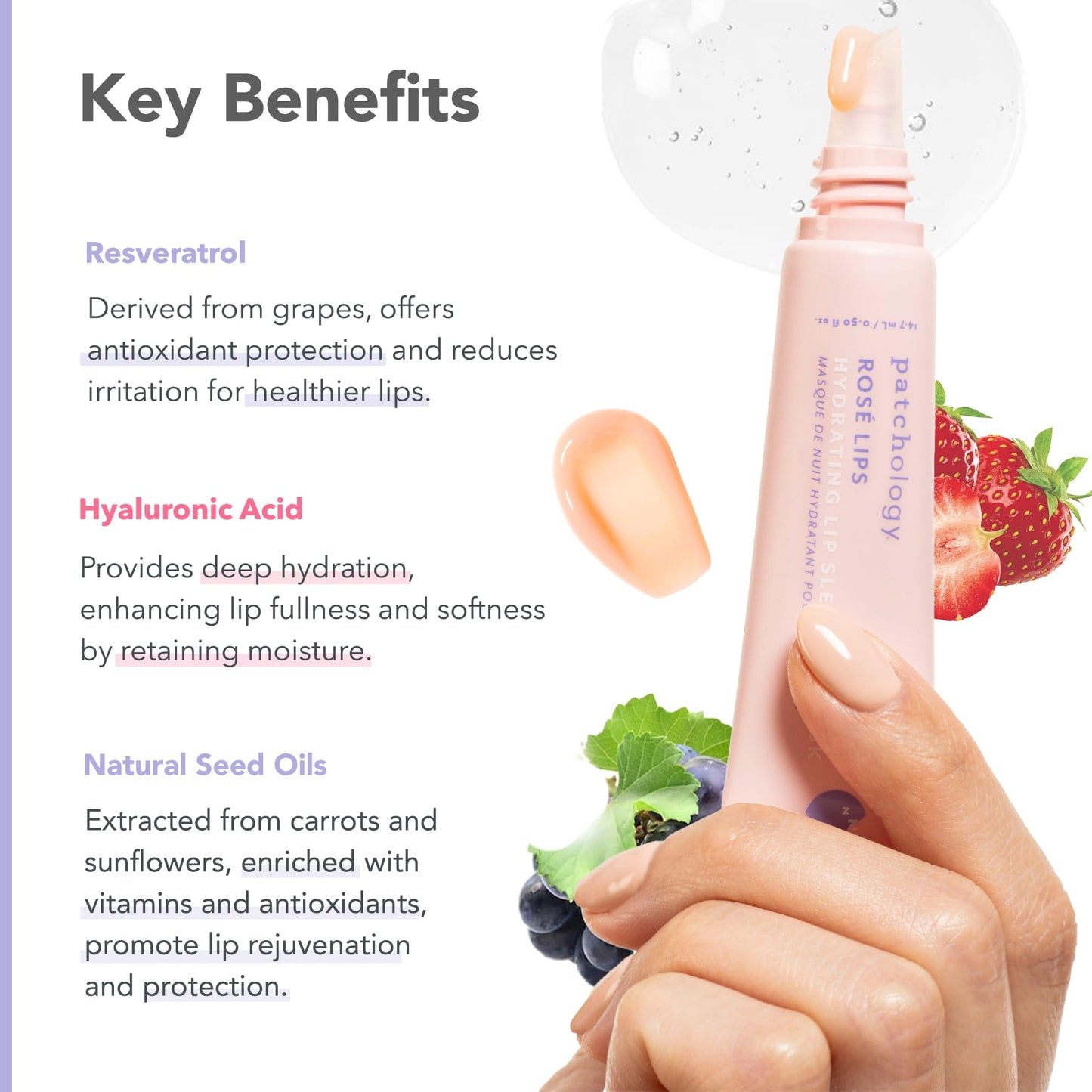 Patchology Rosé Lip Sleeping Mask - Overnight Lip Mask with Hyaluronic Acid and Resveratrol - Hydrating and Repairing Lip Gloss Treatment softens