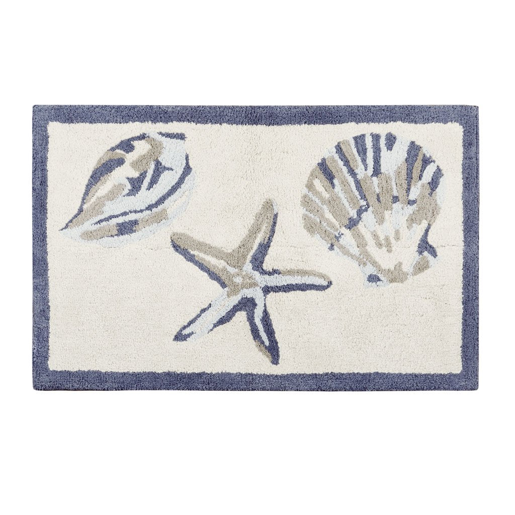 Madison Park Bayside 100% Cotton Tufted Non-Slip Absorbent Ultra Soft Seashells Beach Style Bath Mat Bathroom Rugs, 24X60" Inches, Blue, 1 Piece