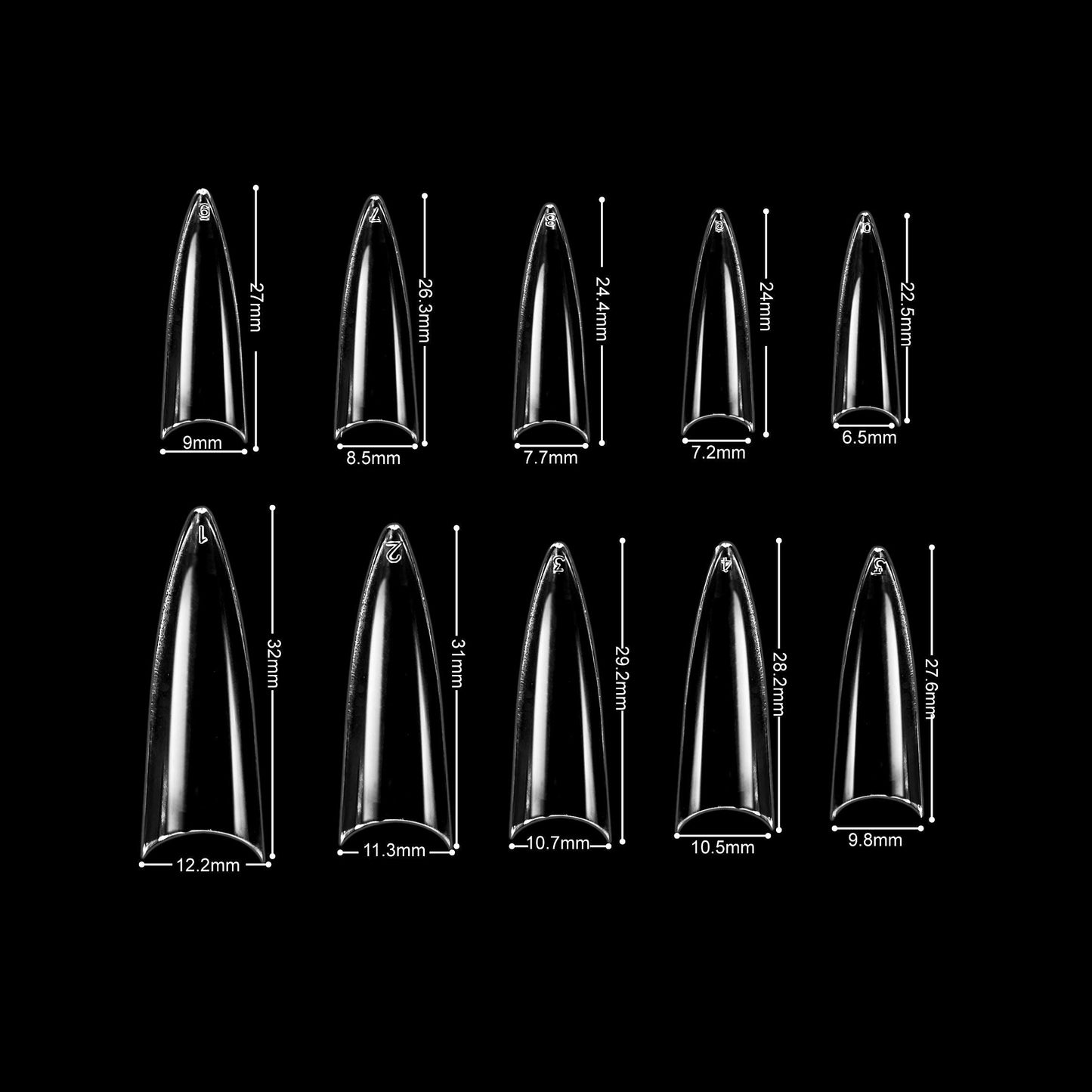 VIVACE Clear Stiletto 500 Acrylic False Fake Gel Nail Tips With Clear Plastic Case 27512 For Nail Salon Nail Shop (Clear Stiletto)