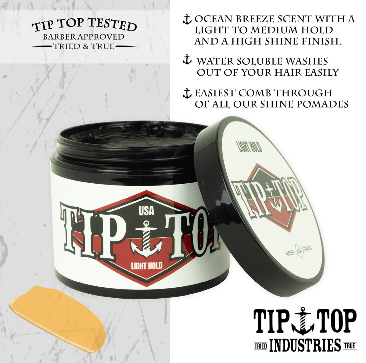 Tip Top Light Hold Pomade - Ocean Breeze Scent, High Shine Flexible Hold Water Based Pomade 4.25oz