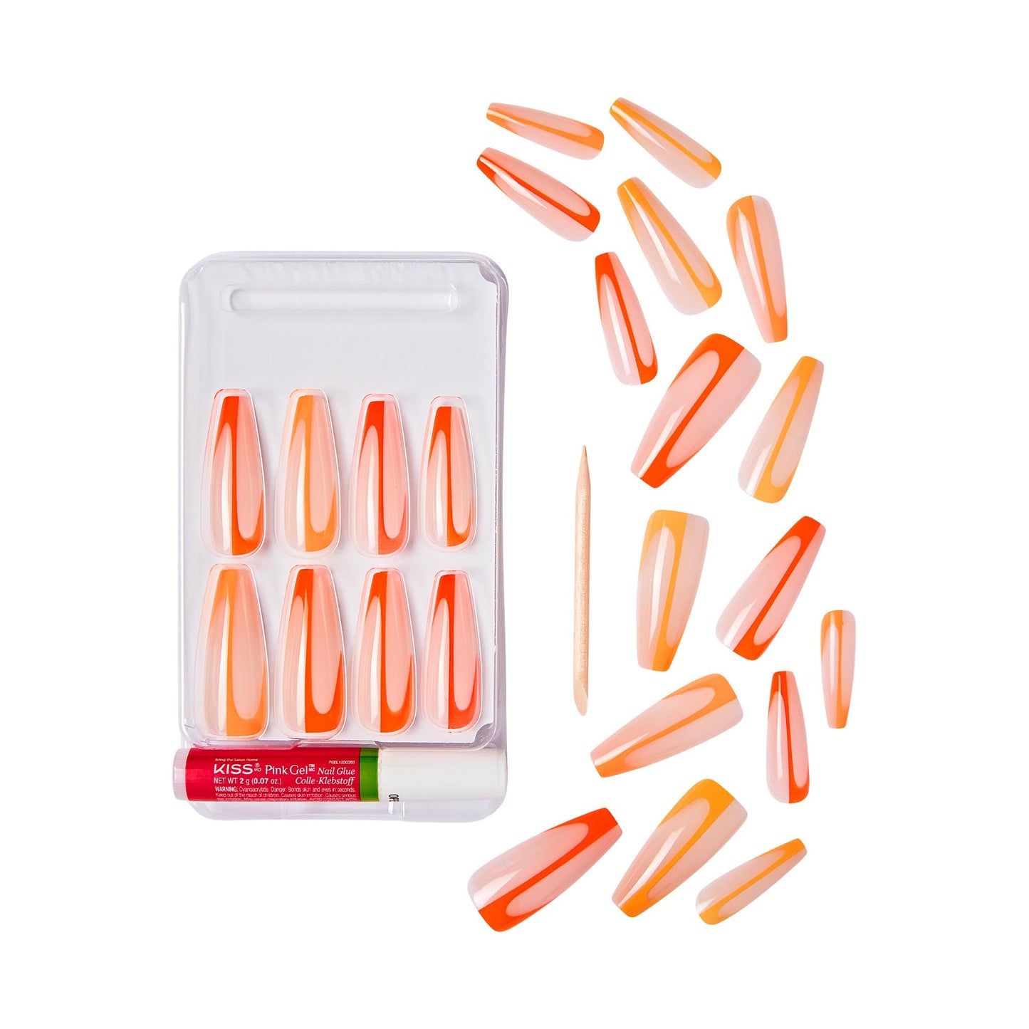 Goldfinger Trendy False Nails Kit, X-Long Coffin Design Nail, Minimal Tropical Orange & Yellow Print, Ready to Wear Gel & Manicure Stick Included Beauty & Personal Care Goldfinger