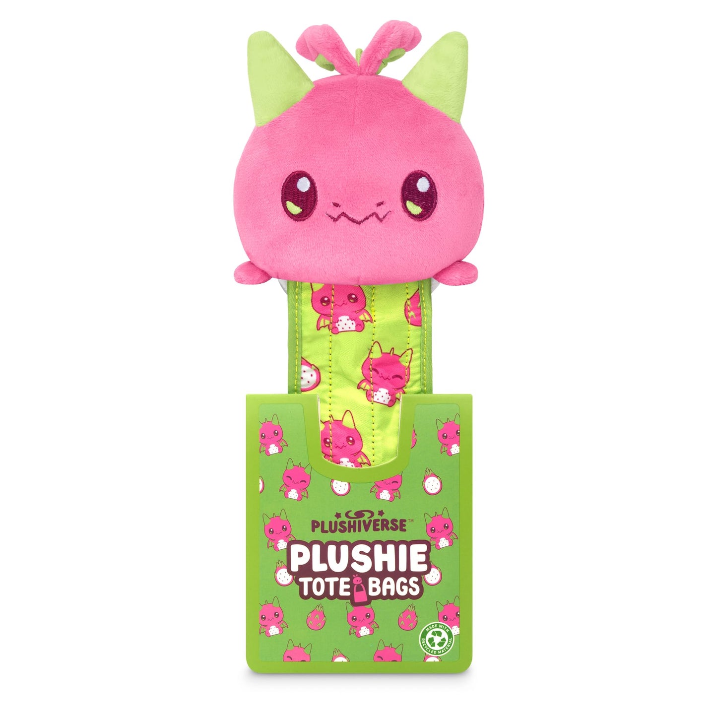 TeeTurtle Plushiverse - Plushie Tote Bag - Sweet & Sour - Cute Kawaii Pink and Green Dragonfruit Dragon - Novelty Foldable Shoulder Bag