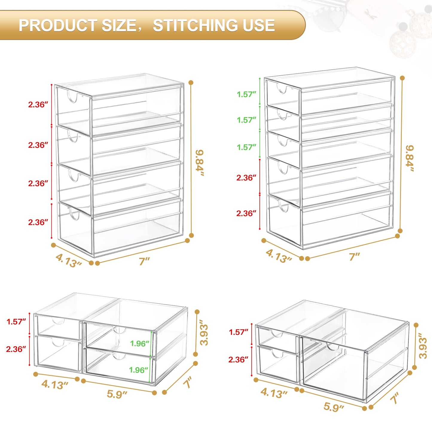 Caktraie Makeup Organizer with 16 Drawers – 4-Piece Clear Desk Storage for Makeup, Jewelry, Pens & Stationery – Dustproof & Durable