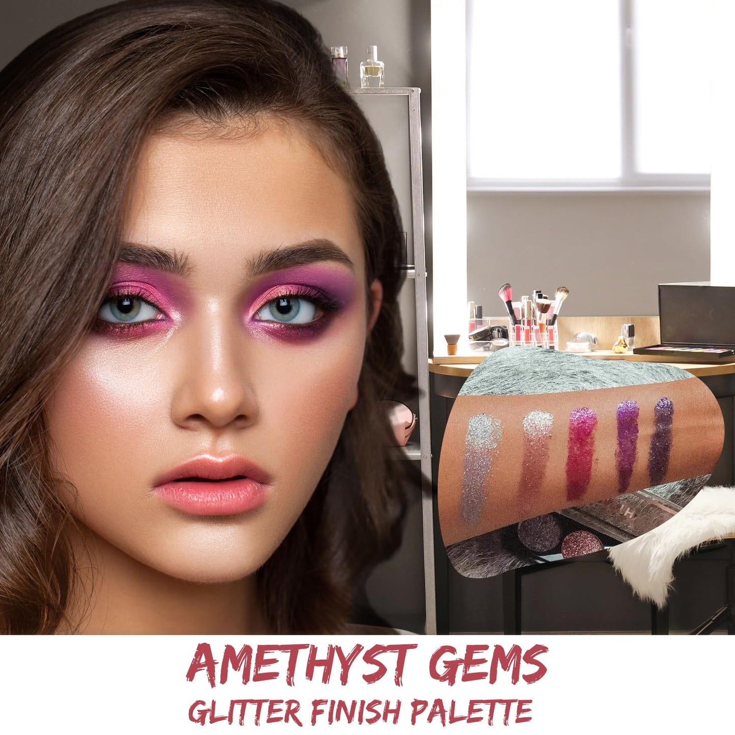 Profusion Cosmetics Amethyst Gems 5 Shades Glitter Eyeshadow Palette - Multi-Color Sparkle with Built-In Primer, Richly Pigmented & Blendable, Vegan…