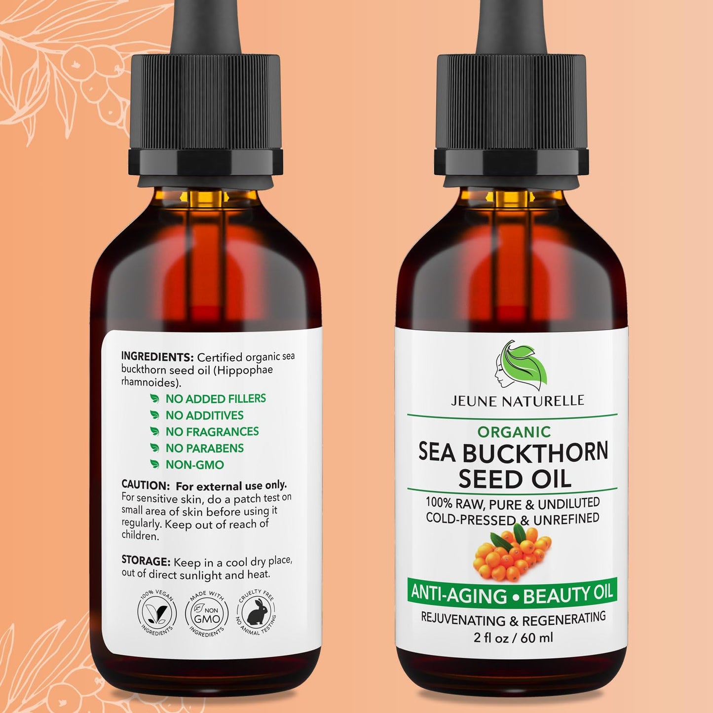 Jeune Naturelle Sea Buckthorn Oil Organic, From Fruit & Seeds, 100% Pure RAW Virgin Cold-Pressed Undiluted Unrefined, Fast Absorbing, Travel Size