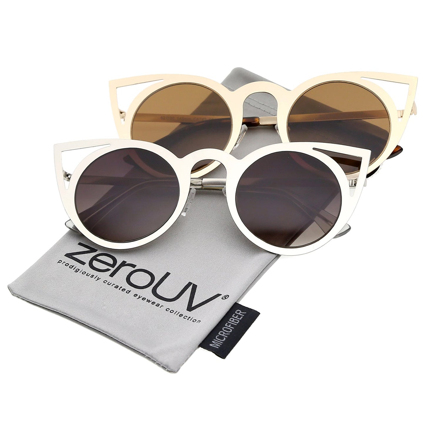 zeroUV Womens Fashion Round Metal Cut-Out Flash Mirror Lens Cat Eye Sunglasses (2-Pack | Gld/Brwn + Sil/Lav)