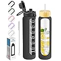 Nefeeko 32 oz Glass Water Bottles with Straw, Time Marker, Motivational 1 Liter BPA FREE Leakproof Reusable Glass Water Bottle with Silicone Sleeve