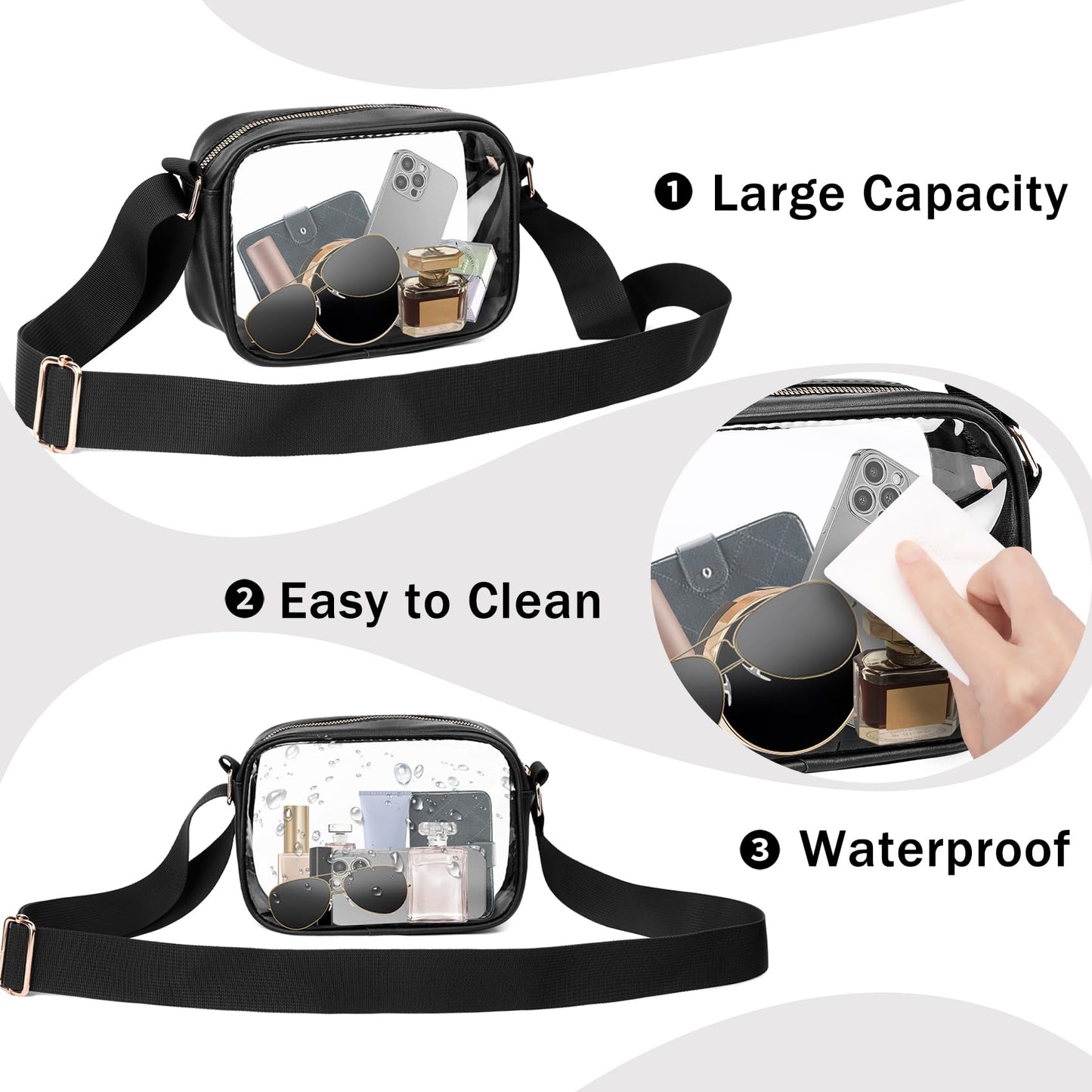 VOROLO Stadium Approved Clear Crossbody Bag,Small See Through Purse Handbag with Adjustable Shoulder Strap for Sports Black