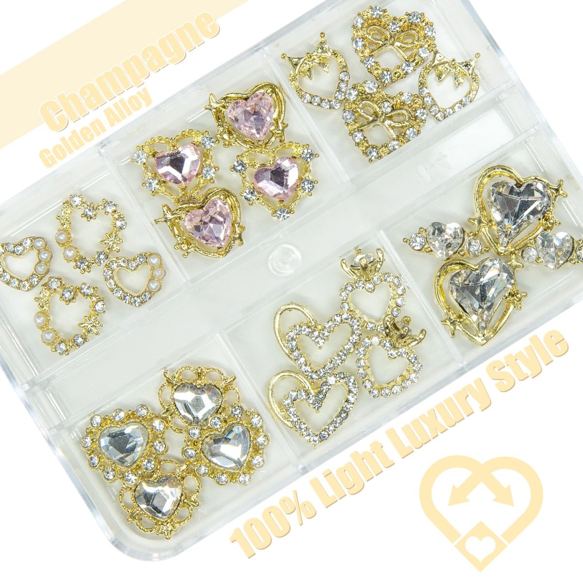 24pcs Heart Nail Charms Luxury Alloy Charms for Nails, qiipii 12 Pair 3D Gold Nail Art Rhinestones Nail Gems Golden Nail Crystal Diamonds Jewelry Beauty & Personal Care qiipii